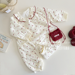 ins韩系新生儿薄棉衣女宝宝春秋冬季 哈衣爬服婴幼儿樱桃夹棉衣服