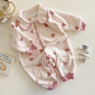 宝宝加绒保暖连体衣秋冬睡衣冬装婴儿毛绒翻领家居服连体衣爬服韩