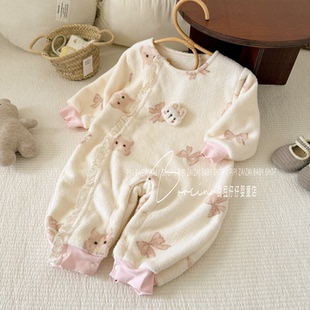 ins韩系宝宝加绒连体衣秋冬小月龄宝宝超萌外出服花边家居服爬服