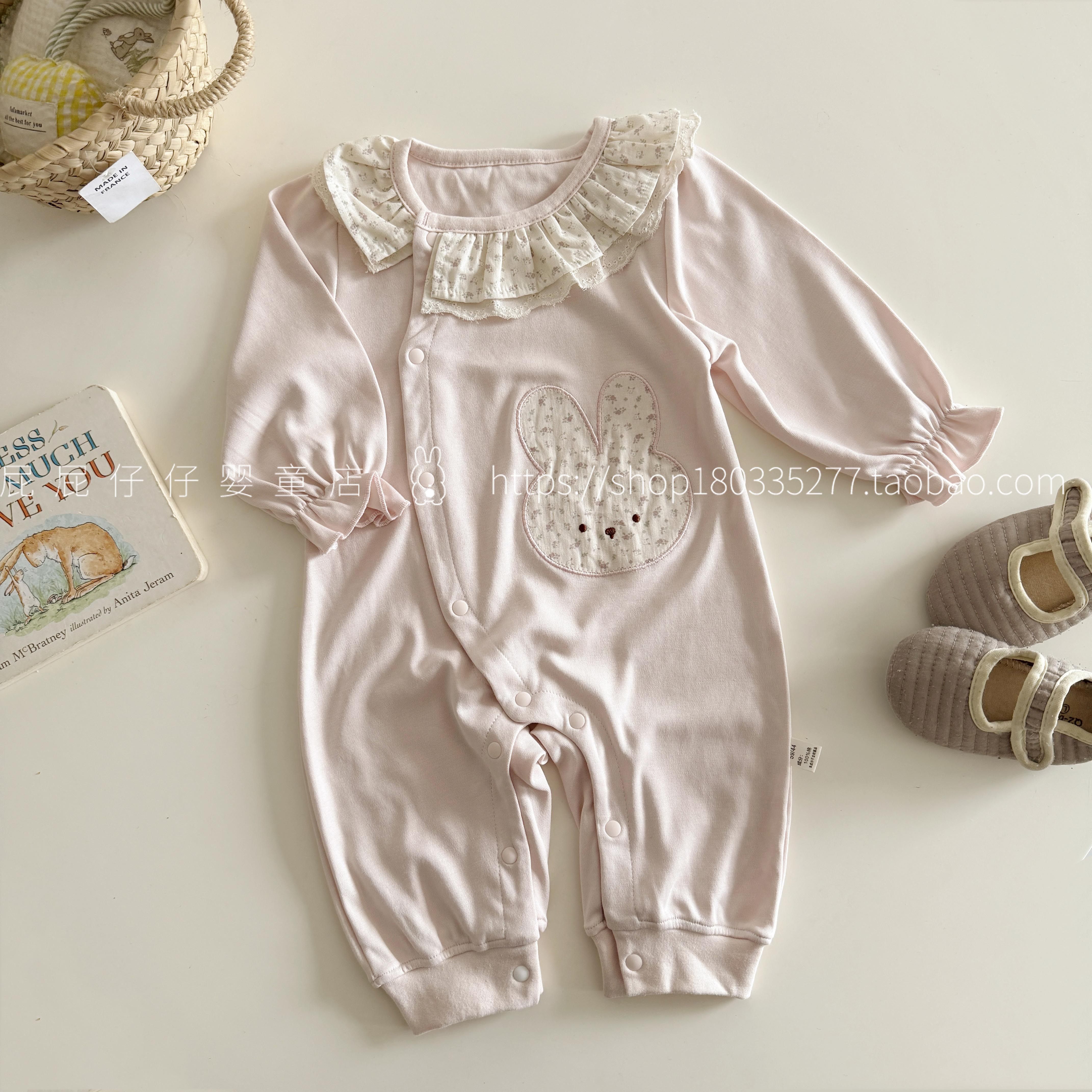 可爱花边兔子连体衣女宝宝超萌洋气哈衣爬服新生儿粉色偏襟按扣衣