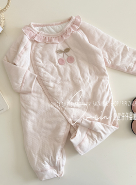 婴幼儿保暖棉衣爬服薄棉连体衣女宝宝甜美樱桃秋冬哈衣外出衣服韩