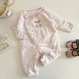 婴幼儿保暖棉衣爬服薄棉连体衣女宝宝甜美樱桃秋冬哈衣外出衣服韩