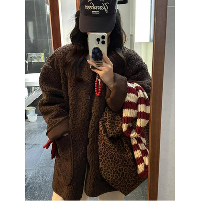 皮毛一体棕色羊羔毛外套冬季2025新款宽松遮肉显瘦毛毛外套女加厚