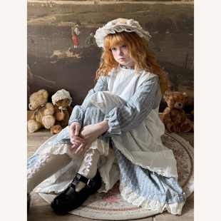 Labeau 可爱甜美镂空花边条纹蓝色碎花连衣裙白色背心罩裙