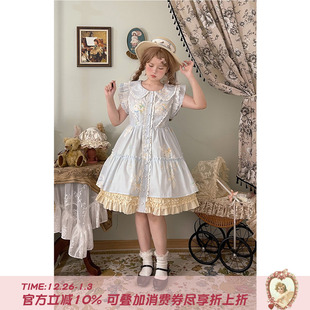 印花系带连衣裙夏蕾丝花边娃娃裙子 可爱减龄小飞袖 Labeau 芭蕾兔