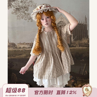 Labeau-无尽夏-复古田园风琴褶格子短袖T恤女夏宽松廓形圆领上衣