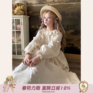 Labeau-岛-复古甜美镂空刺绣风琴褶泡泡袖连衣裙早春宽松高腰裙子