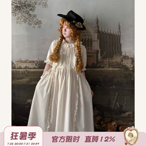 Labeau-无尽夏-甜美复古风琴褶翻领花边短袖连衣裙泡泡袖高腰裙子