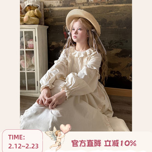 Labeau-岛-复古甜美镂空刺绣风琴褶泡泡袖连衣裙早秋宽松高腰裙子