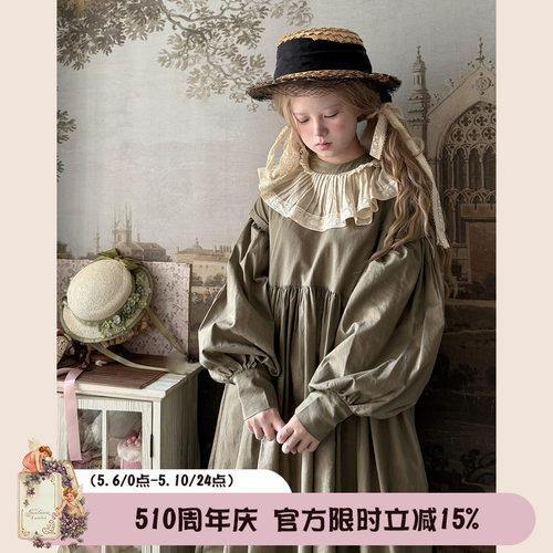 Labeau-秋日-复古宫廷风压褶花边领泡泡袖连衣裙高腰显瘦长袖裙子