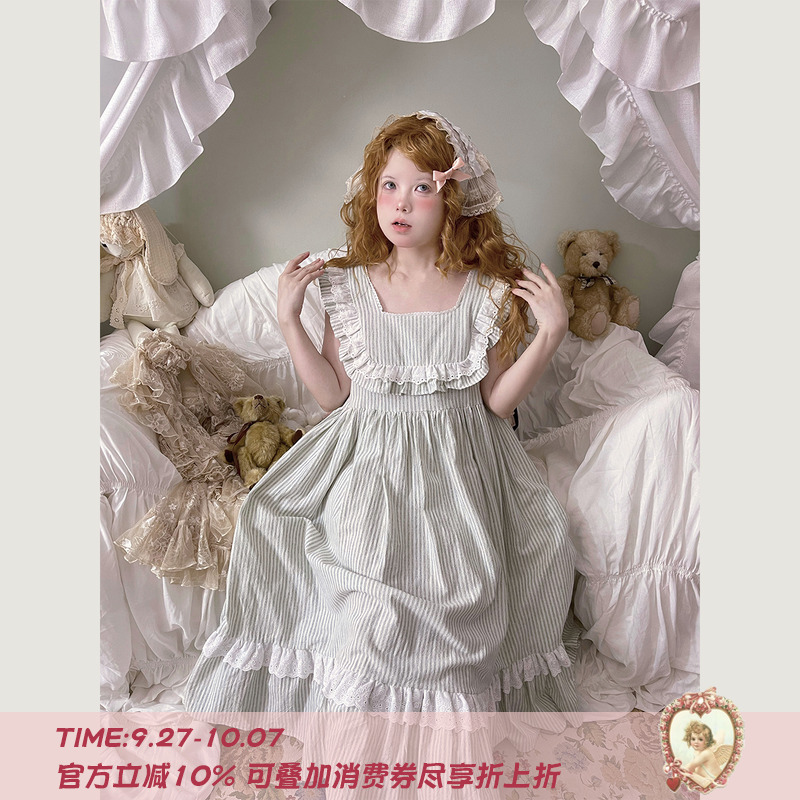 Labeau-仲夏夜-清新甜美花边方领条纹无袖背心裙夏宽松高腰连衣裙