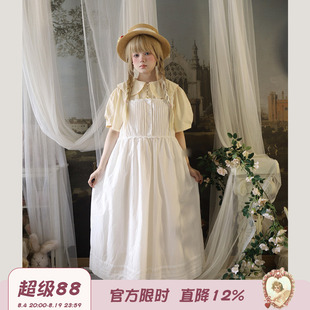 Labeau-岛-甜美可爱泡泡袖娃娃领短袖连衣裙女夏宽松高腰抽褶裙子