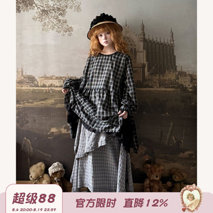 Labeau-春雨-复古甜美蕾丝花边格子连衣裙女春侧开叉宽松长袖裙子