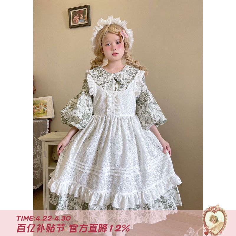 Labeau-小画家-白色蕾丝花朵叠穿罩裙日系中长款绑带围裙连衣裙女