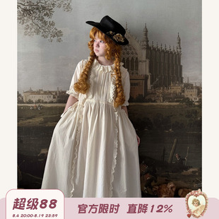 Labeau-无尽夏-甜美复古风琴褶翻领花边短袖连衣裙泡泡袖高腰裙子
