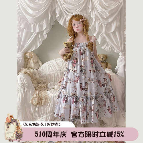 Labeau-天空岛-甜美可爱荷叶花边印花吊带裙夏系带娃娃裙宽松睡裙