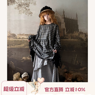 侧开叉宽松长袖 裙子 复古甜美蕾丝花边格子连衣裙女春季 Labeau