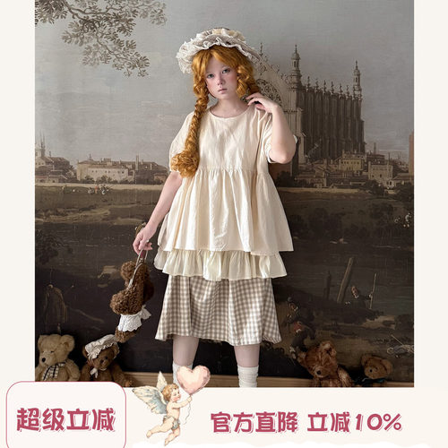Labeau-无尽夏-可爱甜美圆领泡泡袖拼接娃娃衫女夏花边短袖上衣