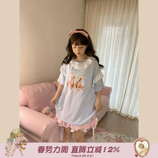 可爱小熊印花绑带短袖 bear T恤女夏蕾丝花边圆领上衣 baby Labeau