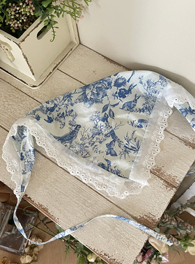 Labeau-小画家-甜美复古镂空花边印花头巾女可爱系带包头三角巾