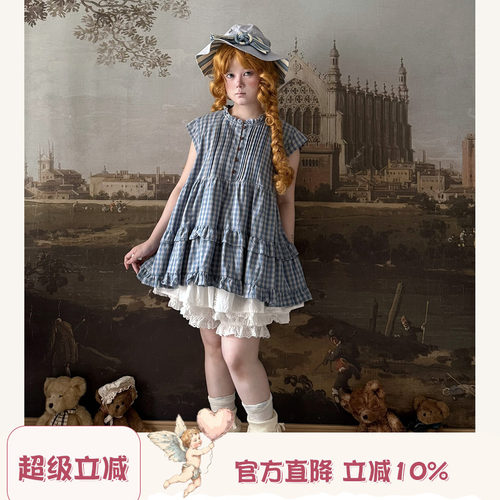 Labeau-无尽夏-复古甜美拼接花边小飞袖格子衬衣女夏纽扣短袖T恤