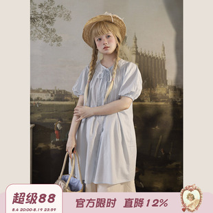 Labeau-岛-日系少女系带圆领泡泡袖中长款短袖衬衫夏荷叶边阔腿裤