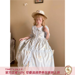 木耳花边印花连衣裙夏收腰短袖 甜美日系泡泡袖 裙子 芭蕾兔 Labeau