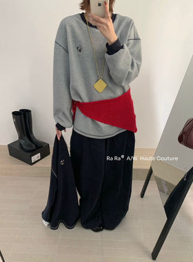 【RaRa家】韩系圆领宽松卡通刺绣拼色长袖卫衣女秋冬加绒上衣大版