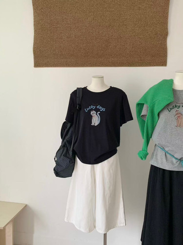 oneseven2026新品可爱卡通猫咪印花短袖t恤女宽松纯棉小个子半袖