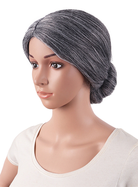 潼漫 表演假发节日老奶奶深灰色带发髻老太婆老人cos舞台演出头套