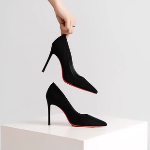 黑色红底高跟鞋女2025新款绒面细跟7-8厘米礼仪学生百搭大码职业