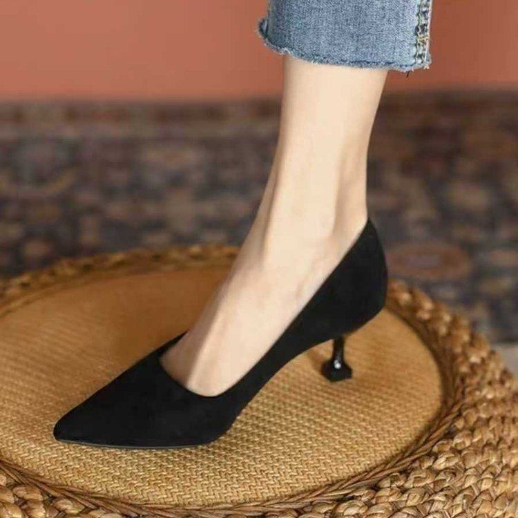 上班高跟鞋女黑色细跟3-5cm学生礼仪春秋职业工作单鞋绒面尖头ol