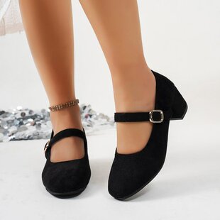 5cm粗跟绒面高跟鞋女一字扣不累脚学生黑色工作鞋浅口大码礼仪鞋