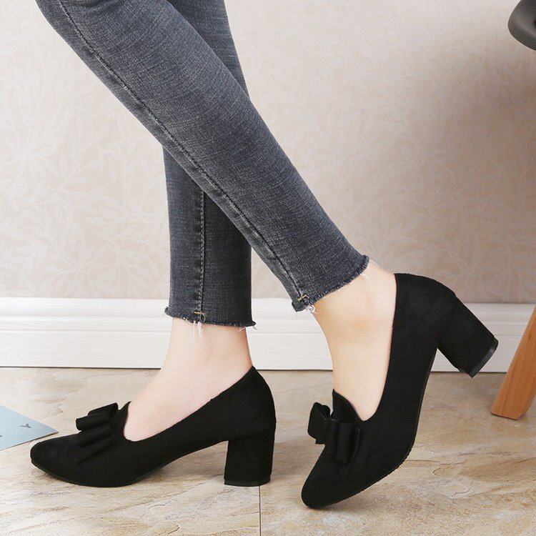 浅口黑色尖头高跟鞋女中跟5cm蝴蝶结白搭学生绒面不累脚工作鞋朝