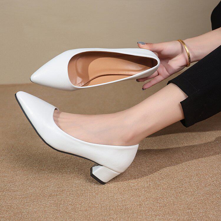 法式高跟鞋女粗跟白色软皮3cm低跟尖头不累脚空乘面试礼仪工作鞋