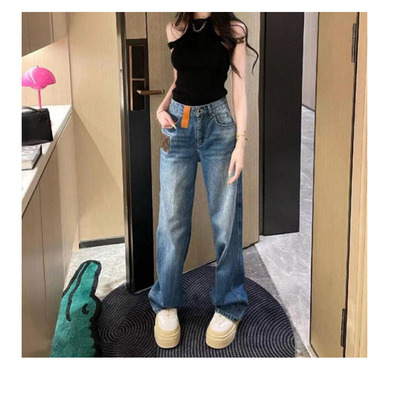 高货~深圳南油高端女装欧阳娜娜同款皮标阔腿牛仔裤秋季新款高腰