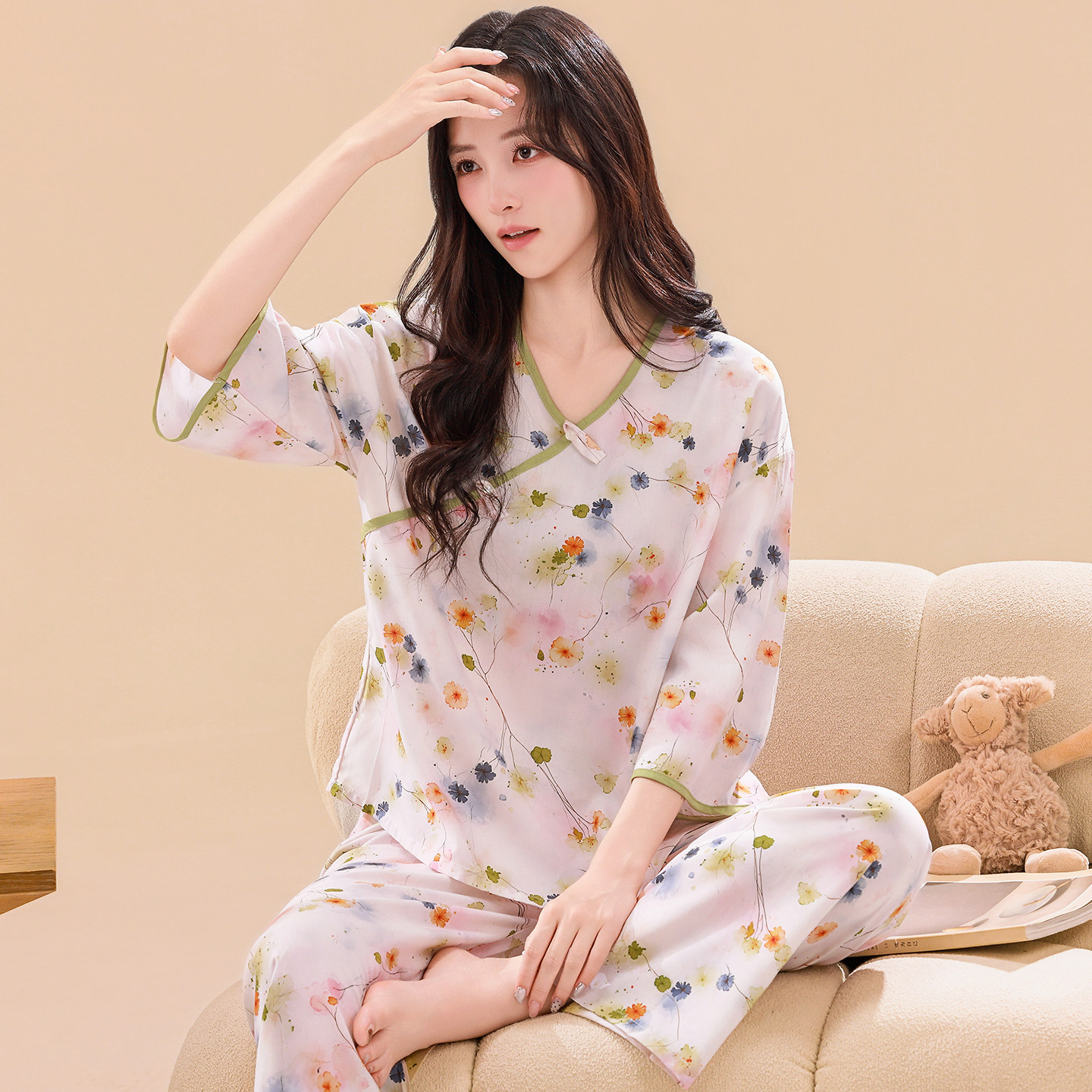 文艺睡衣女夏季纯棉绵绸薄款空调服薄款女装可外穿休闲家居服套装