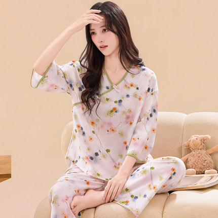 文艺睡衣女夏季纯棉绵绸薄款空调服薄款女装可外穿休闲家居服套装