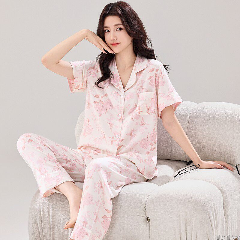 睡衣女夏款纯棉绸可爱韩版休闲女装短袖薄款开衫可外穿家居服套装