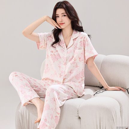 睡衣女夏款纯棉绸可爱韩版休闲女装短袖薄款开衫可外穿家居服套装