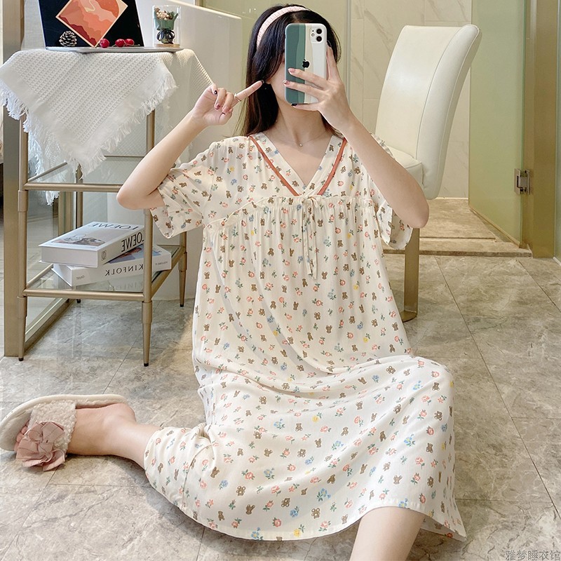 睡裙女夏季纯棉绵绸女款夏装睡衣女韩版薄款短袖可外穿宽松连衣裙