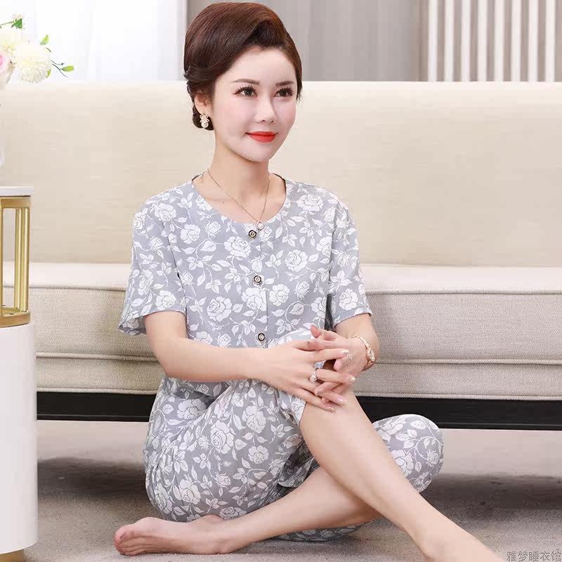 中老年睡衣女夏冰丝冰绸短袖高贵妈妈装开衫薄款可外穿家居服套装