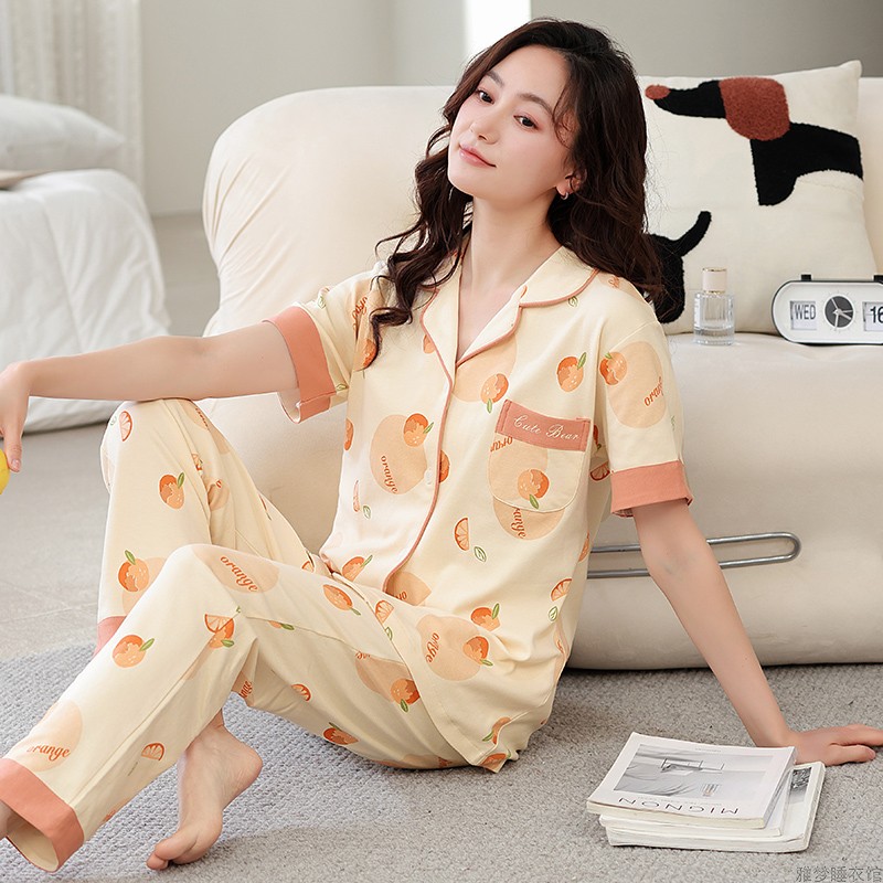 睡衣女夏季纯棉薄款短袖长裤女时尚休闲2024新款可外穿家居服套装