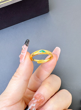 越南沙金青山绿水戒指女小众高级