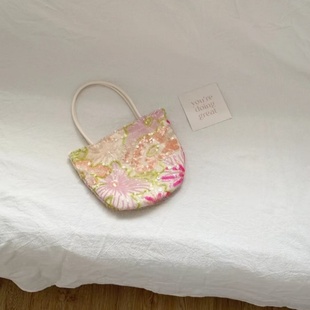 2025新款小众设计繁花刺绣亮片帆布托特包单肩包斜挎通勤包手拎包