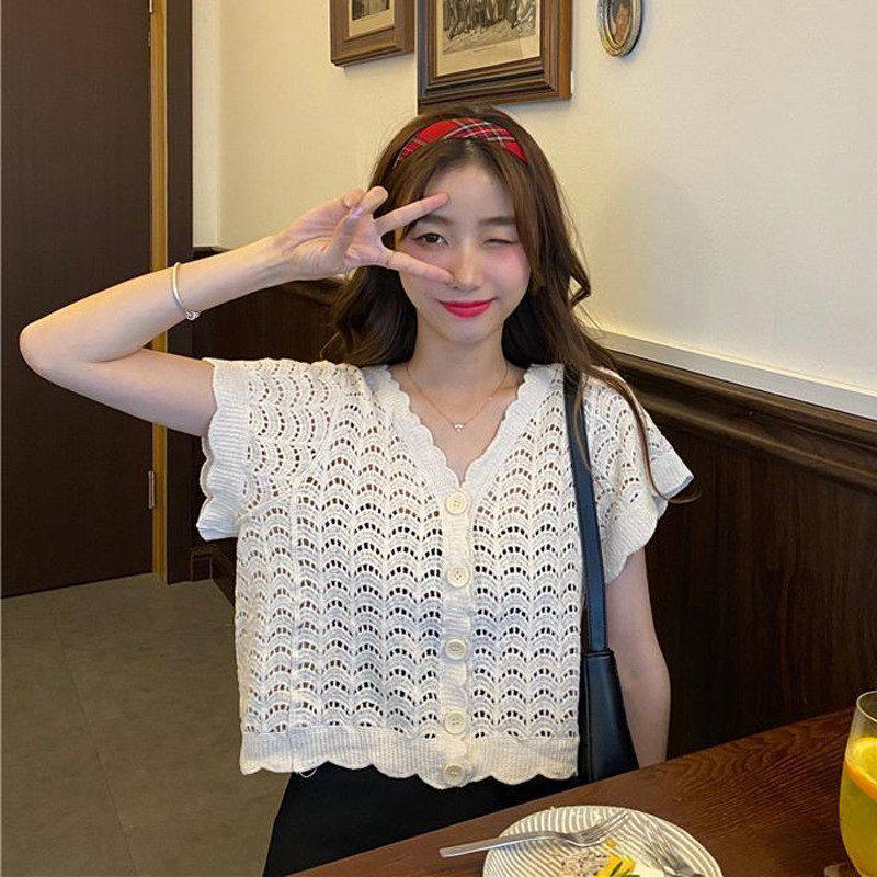 小心机镂空薄款绣花短袖针织衫女学生配裙子开衫短款百搭春夏上衣