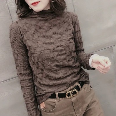 半高领褶皱长袖蕾丝衫女秋冬季2025新款修身内搭肌理感打底衫上衣