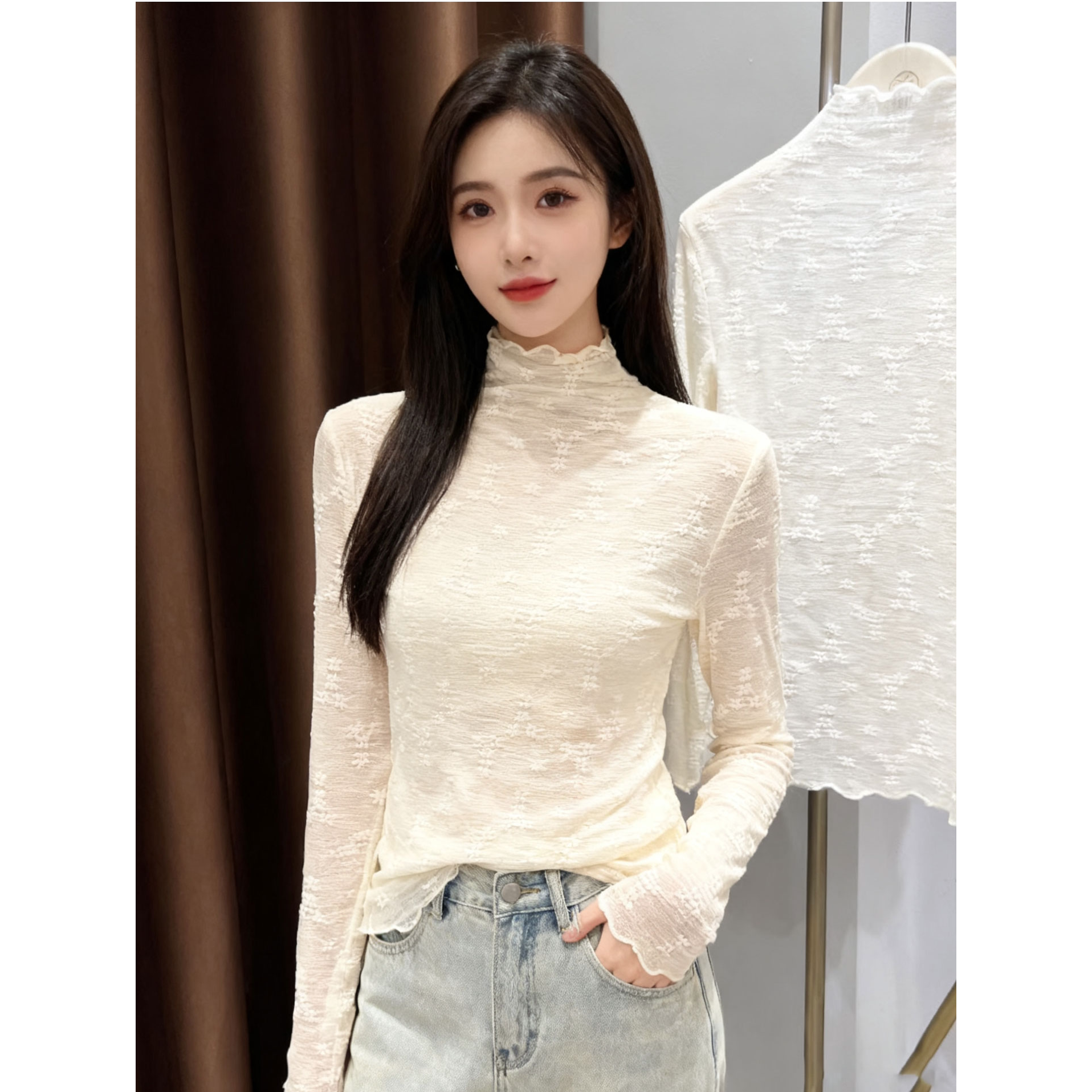秋冬季网纱长袖打底衫女性感蕾丝叠穿内搭罩衫纱衣半高领木耳上衣