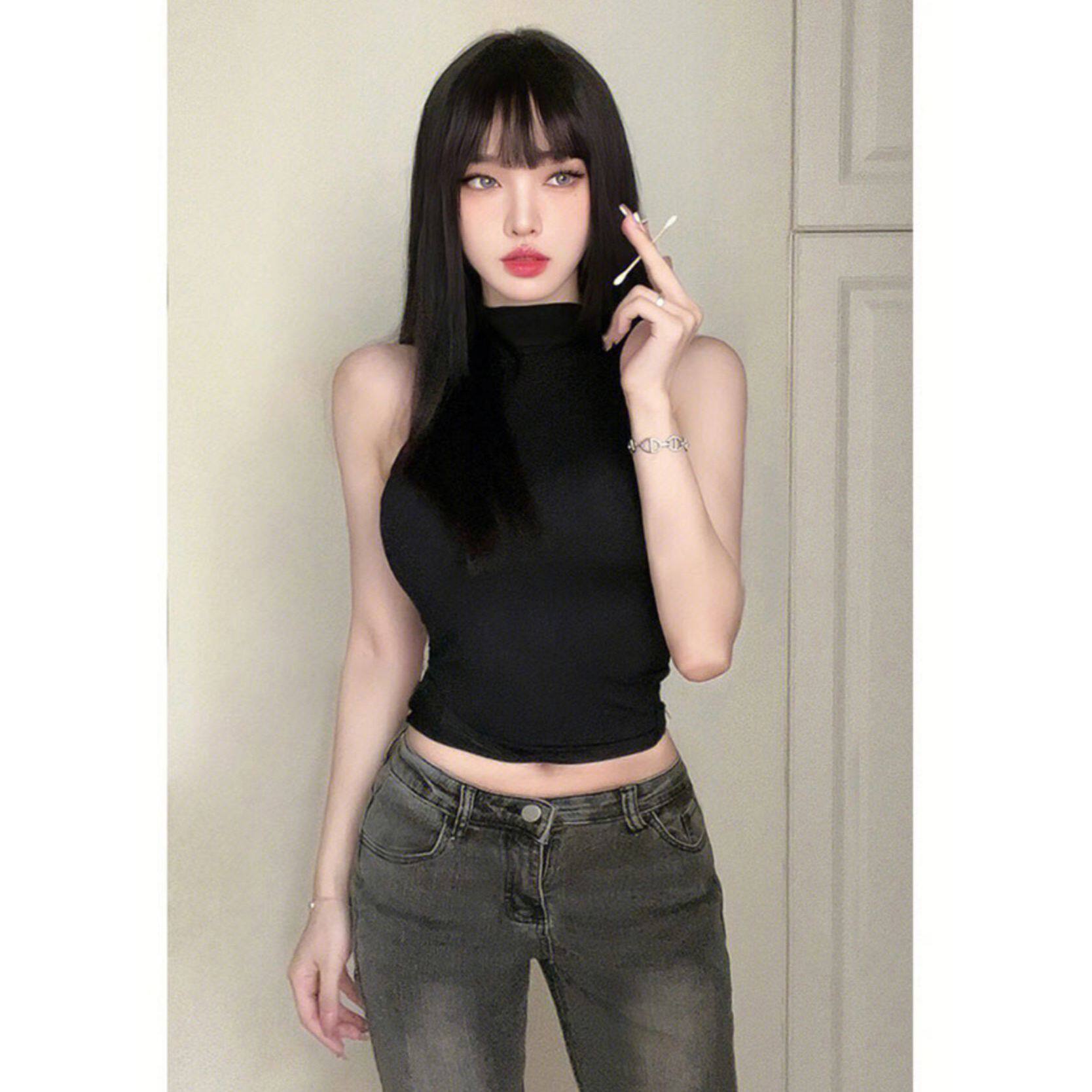 辣妹修身半高领背心女夏季无袖性感T恤显瘦打底无袖短款黑色上衣
