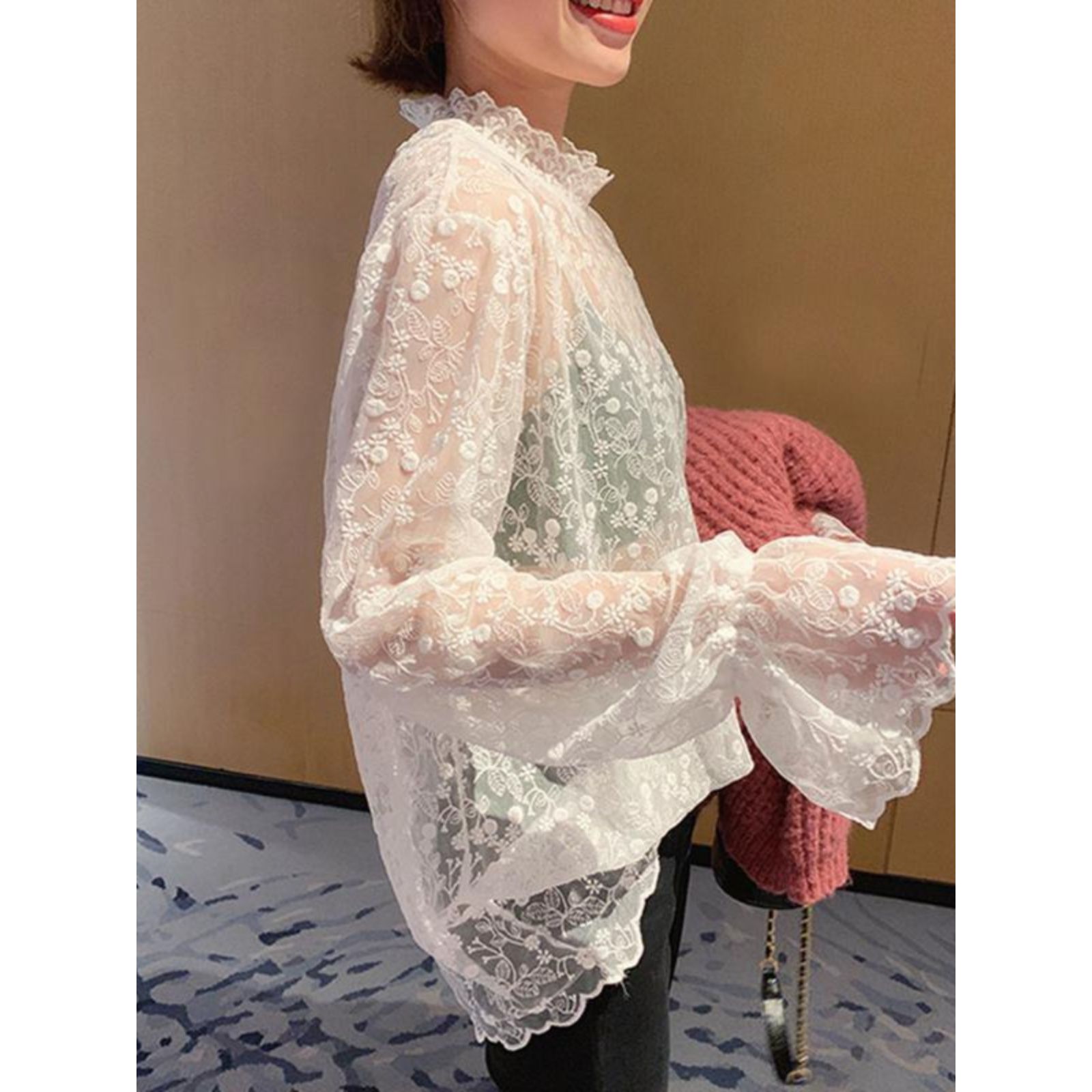 大码300斤胖妹妹透视内搭蕾丝衫女春秋小众设计感打底上衣小衫240